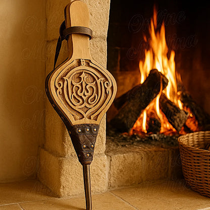 Handcrafted Moroccan fireplace bellows in carved light wood and leather, placed by a stone fireplace.
