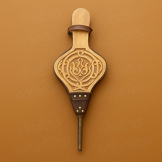 Handcrafted Moroccan fireplace bellows made of carved wood and genuine leather