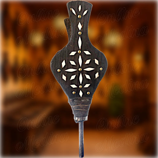 Traditional Moroccan bellows made of wood, leather, and bone – white hand-carved ornaments, forged iron nozzle – crafted by Master Hajel in Marrakech