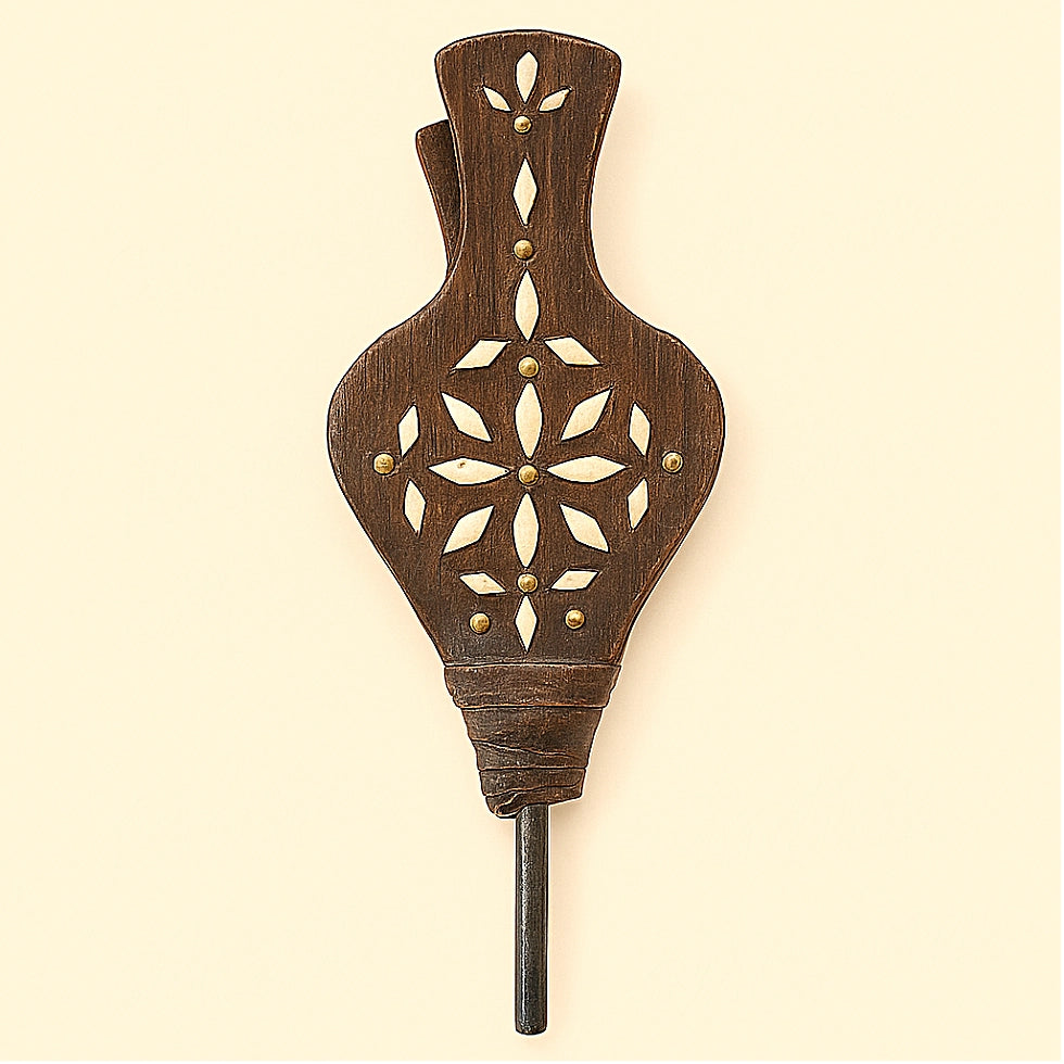 Traditional Moroccan bellows in dark wood and leather with bone inlays, handcrafted by master artisans