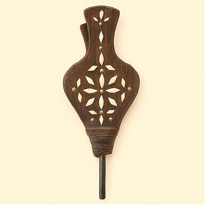 Traditional Moroccan bellows in dark wood and leather with bone inlays, handcrafted by master artisans