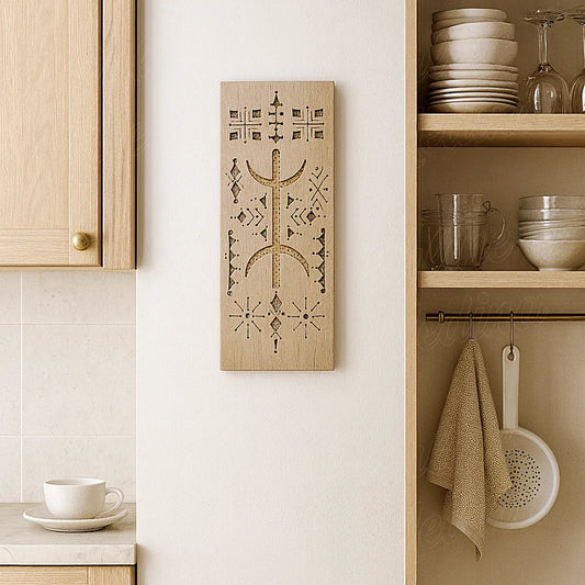 Hand-carved Berber cedar wood wall amulet displayed in a modern European kitchen, showcasing Moroccan craftsmanship and Amazigh symbols.