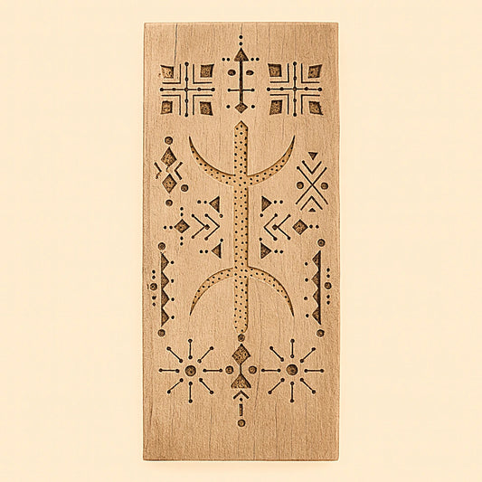 Handmade Moroccan cedar wood amulet with traditional Amazigh geometric carvings, product photography on neutral background.