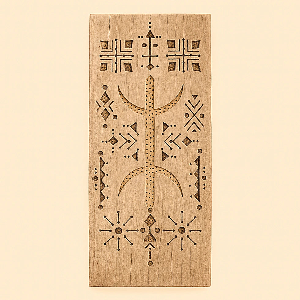 Handmade Moroccan cedar wood amulet with traditional Amazigh geometric carvings, product photography on neutral background.