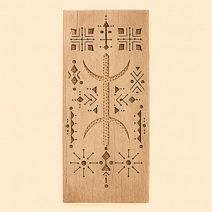 Handmade Moroccan cedar wood amulet with traditional Amazigh geometric carvings, product photography on neutral background.