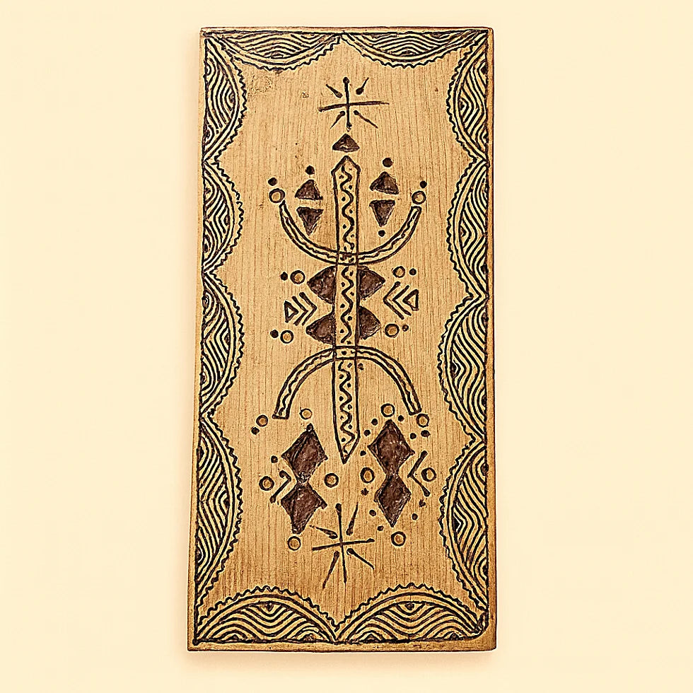 Hand-carved Berber wall amulet made of solid cedar wood, engraved with Amazigh geometric motifs and tinted with natural henna, photographed on a neutral beige background.