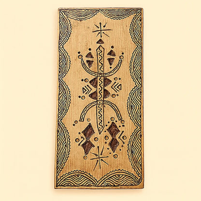 Hand-carved Berber wall amulet made of solid cedar wood, engraved with Amazigh geometric motifs and tinted with natural henna, photographed on a neutral beige background.