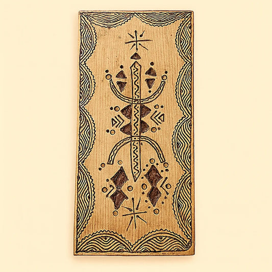 Hand-carved Berber wall amulet made of solid cedar wood, engraved with Amazigh geometric motifs and tinted with natural henna, photographed on a neutral beige background.