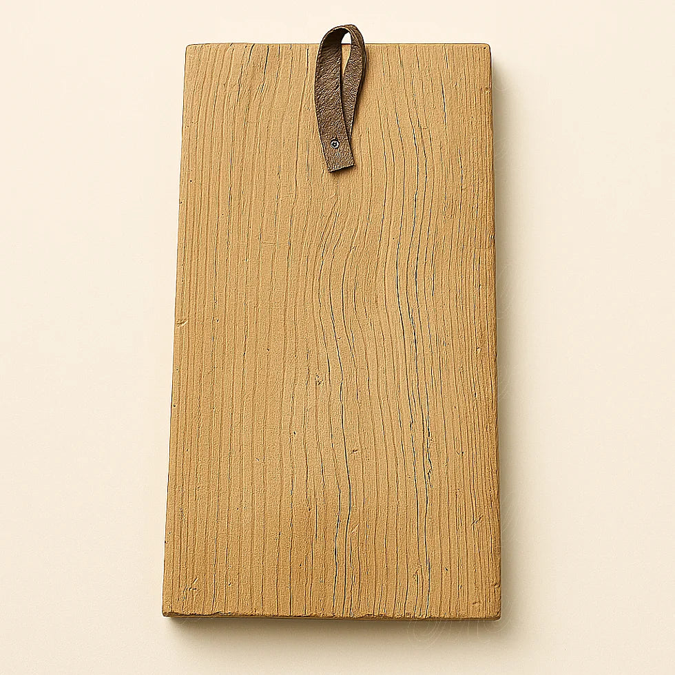 Back view of a Berber cedar wood wall amulet showing the natural wood grain and handmade leather hanging loop, artisanally crafted in Marrakech.