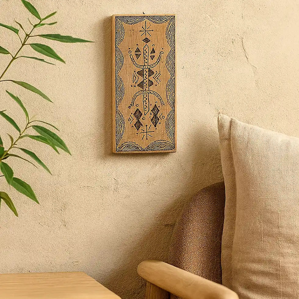 Berber wooden wall amulet hanging in a cozy natural interior, displayed above a beige armchair with soft light and minimalist decor.