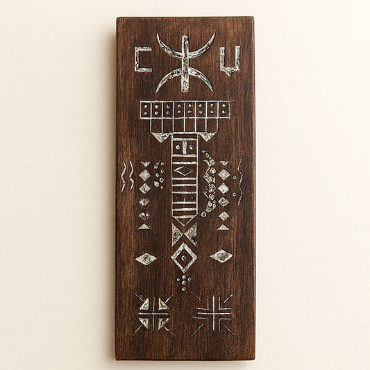 Hand-carved Berber wooden amulet in brown cedar with traditional Amazigh engravings and white patterns, photographed on a light background