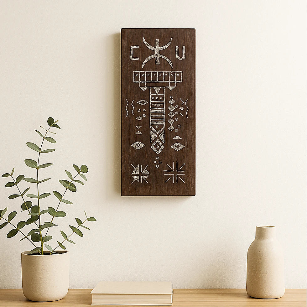 Berber wooden amulet with traditional Amazigh carvings hanging on a minimalist European wall, next to ceramic vases and a green plant.