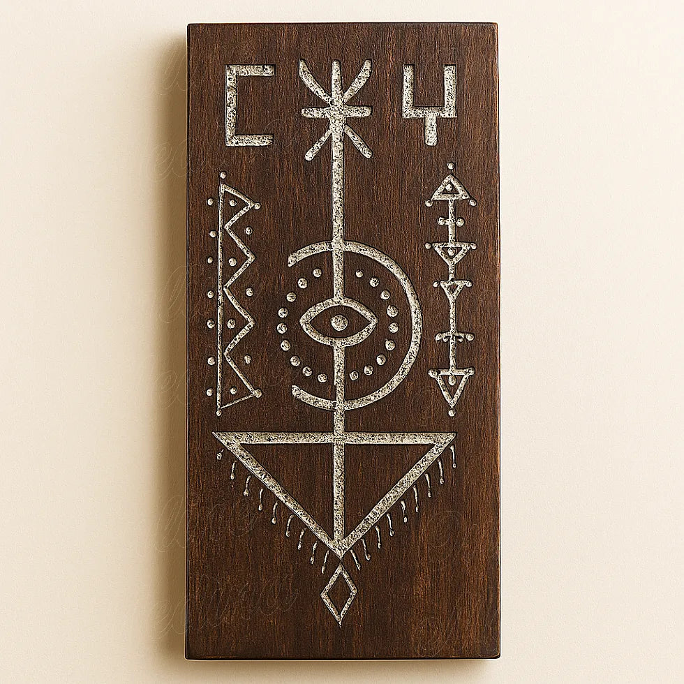 Front view of a handcrafted Berber wooden wall amulet made of dark brown cedar wood, featuring traditional Amazigh geometric carvings and protective symbols.