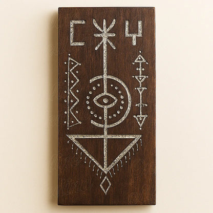 Front view of a handcrafted Berber wooden wall amulet made of dark brown cedar wood, featuring traditional Amazigh geometric carvings and protective symbols.