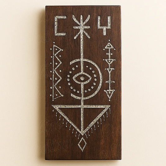 Front view of a handcrafted Berber wooden wall amulet made of dark brown cedar wood, featuring traditional Amazigh geometric carvings and protective symbols.