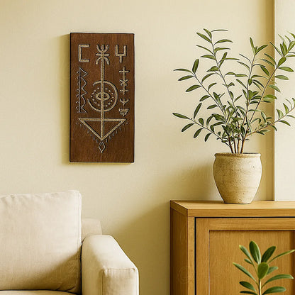 Decorative Berber wooden wall amulet hanging in a modern European living room, surrounded by minimalist beige furniture and natural decor elements.
