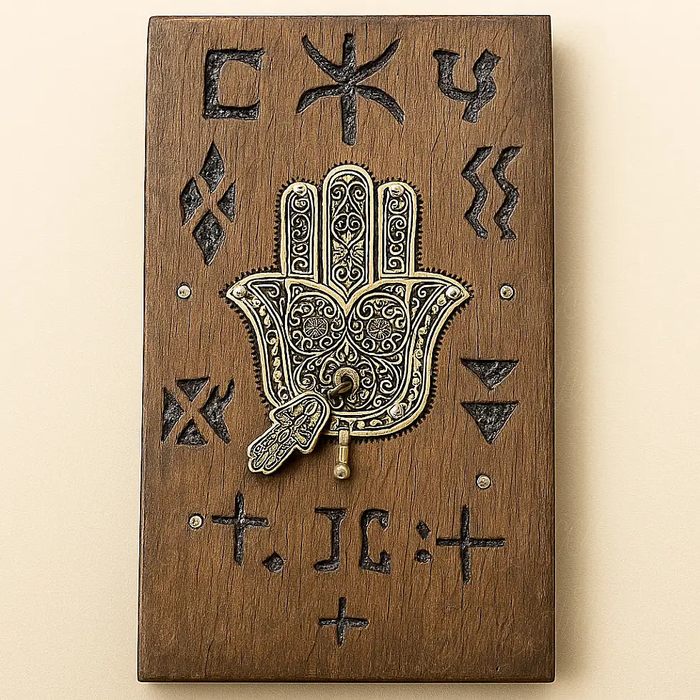 Close-up of Berber wooden wall amulet featuring detailed metal Hamsa hand and engraved Amazigh symbols