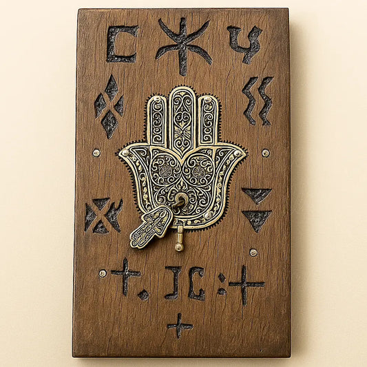 Close-up of Berber wooden wall amulet featuring detailed metal Hamsa hand and engraved Amazigh symbols