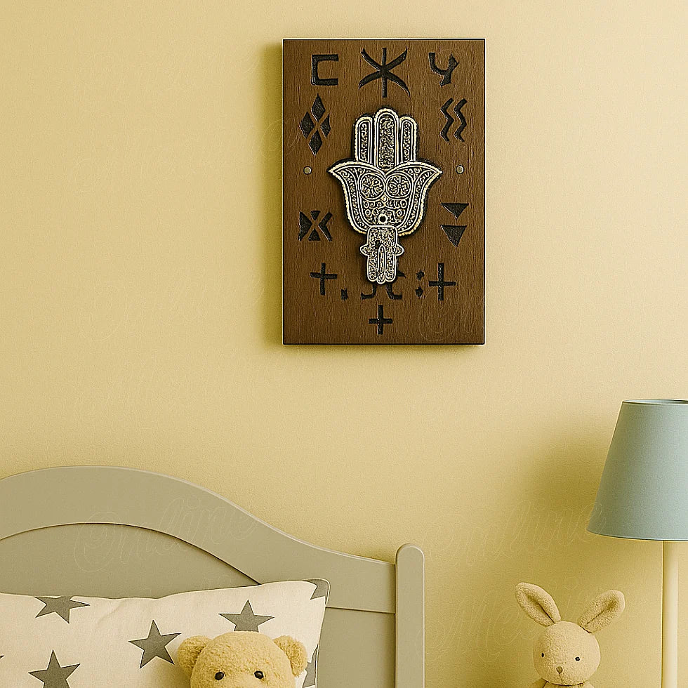 Berber wooden wall amulet with engraved Hamsa hand, hanging above a child's bed with soft toys