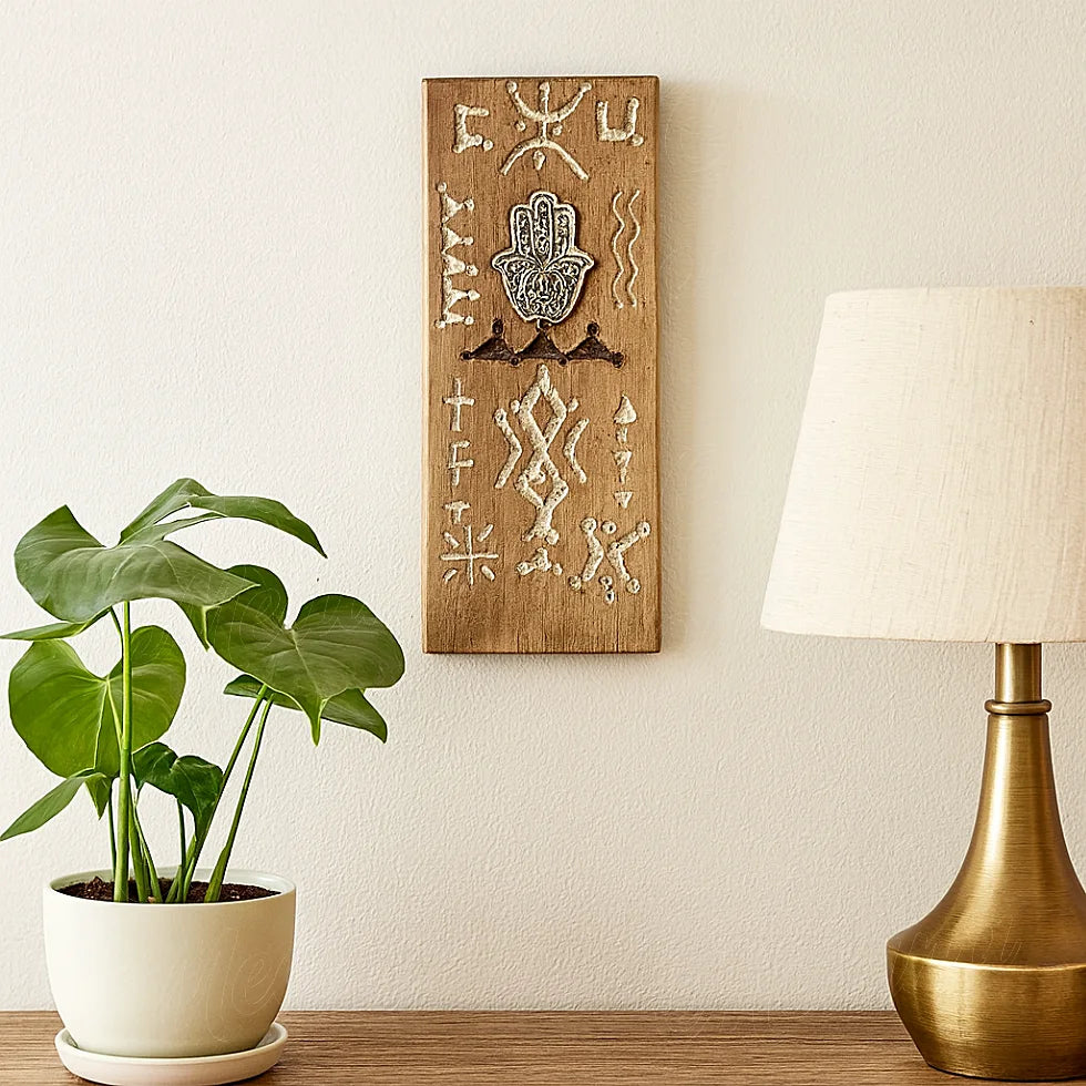 Light Berber wooden wall talisman with engraved Amazigh symbols and silver Hamsa hand, hanging on a beige wall above a table with lamp and plant