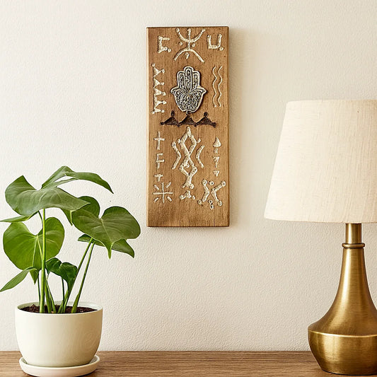 Light Berber wooden wall talisman with engraved Amazigh symbols and silver Hamsa hand, hanging on a beige wall above a table with lamp and plant