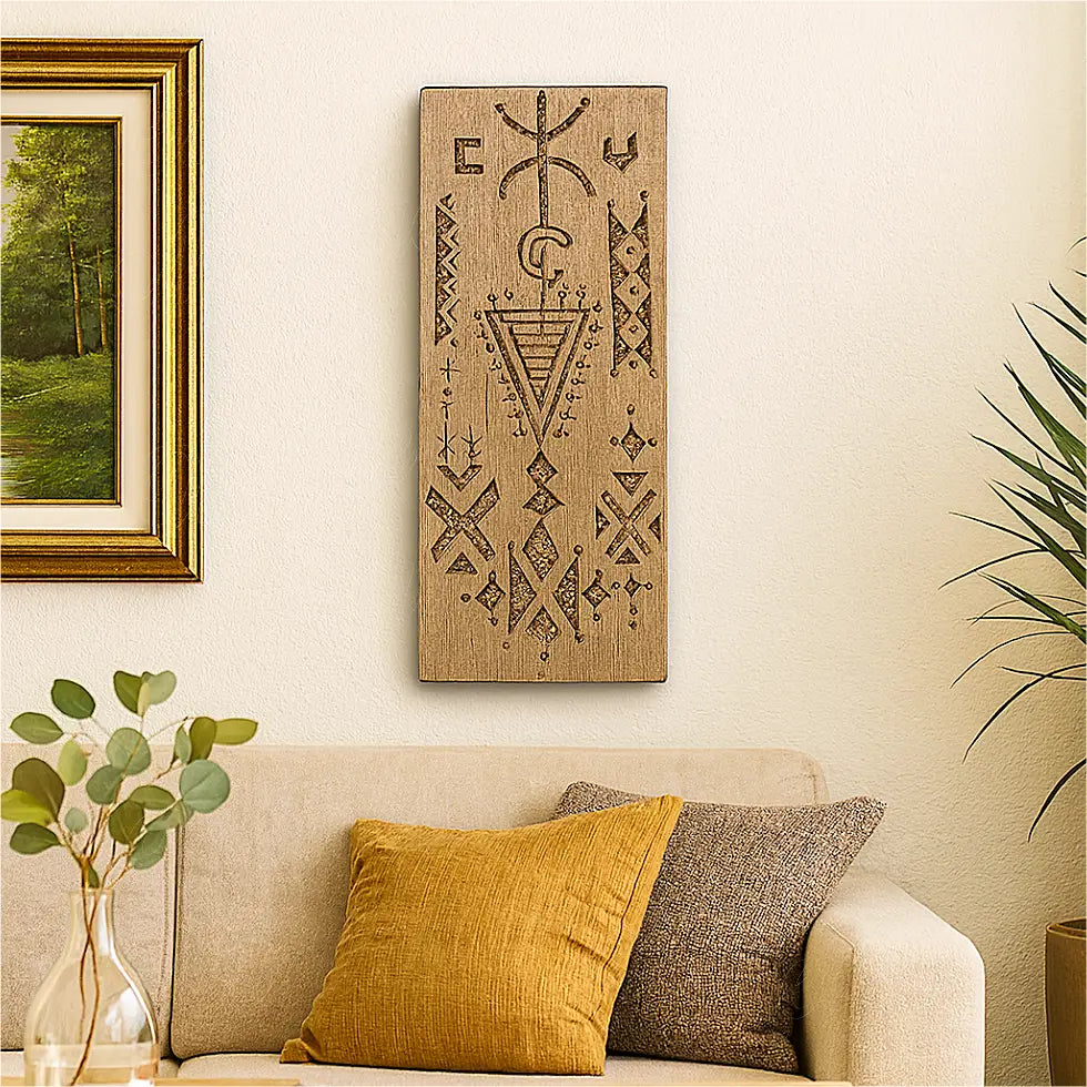 Handcrafted Moroccan cedar wood wall amulet with traditional Amazigh carvings, hanging above a beige sofa in a modern living room.