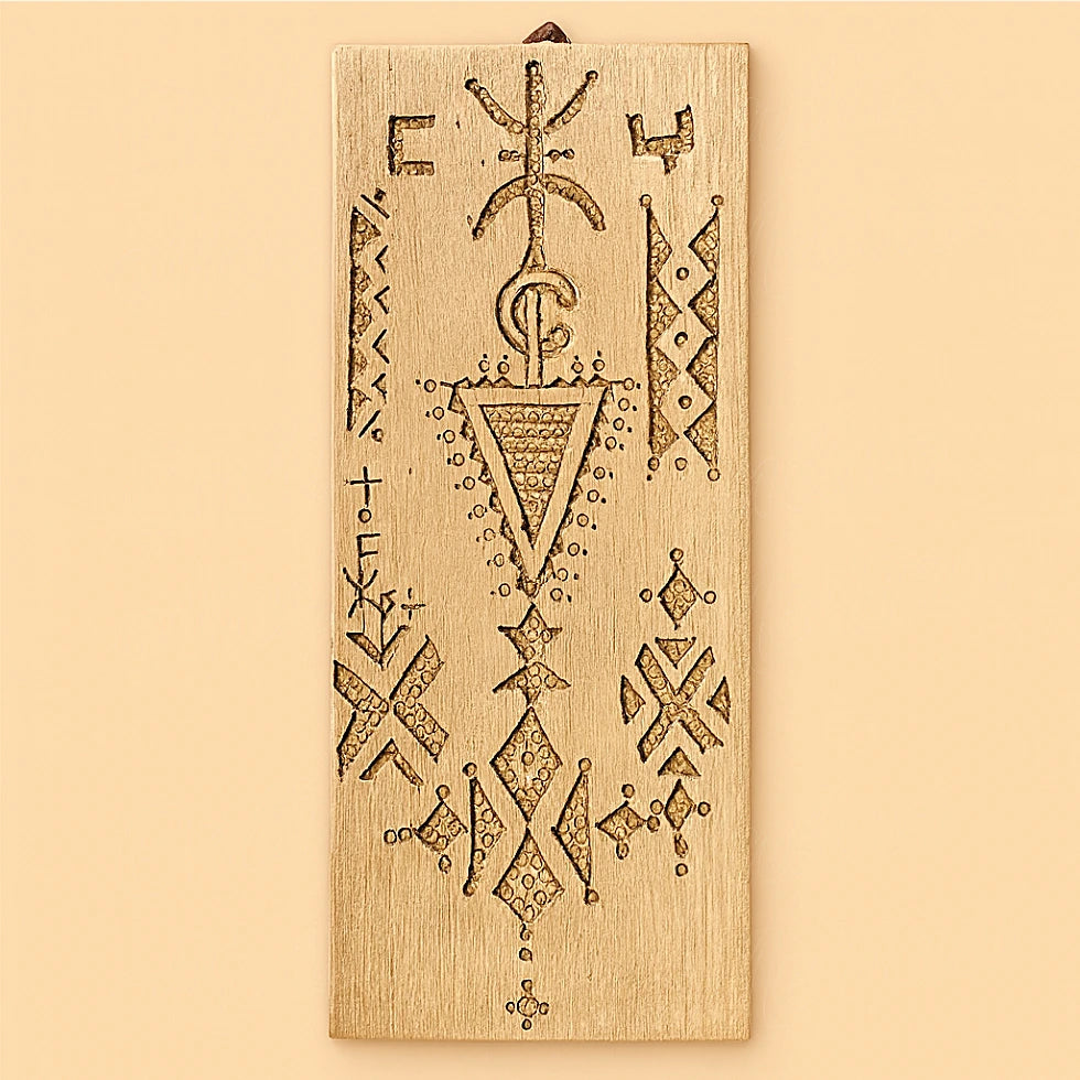 Front view of a handcrafted Moroccan cedar wood wall amulet with geometric Amazigh carvings, displayed on a beige background.
