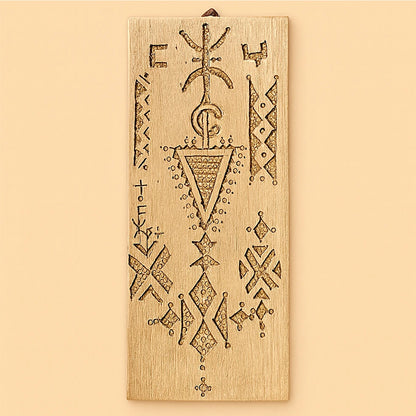 Front view of a handcrafted Moroccan cedar wood wall amulet with geometric Amazigh carvings, displayed on a beige background.