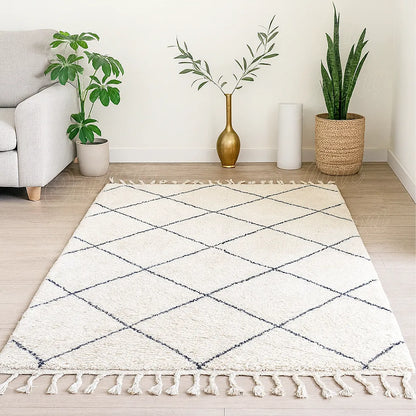 Handwoven Beni Ourain rug with black diamond pattern in a bright modern living room