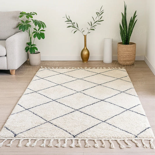 Handwoven Beni Ourain rug with black diamond pattern in a bright modern living room