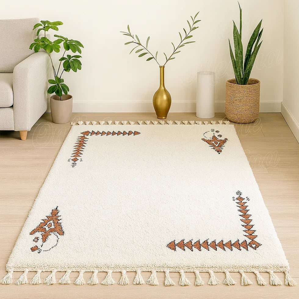 Khelala Moroccan handmade wool rug in a bright living room, brown Berber pattern on cream background