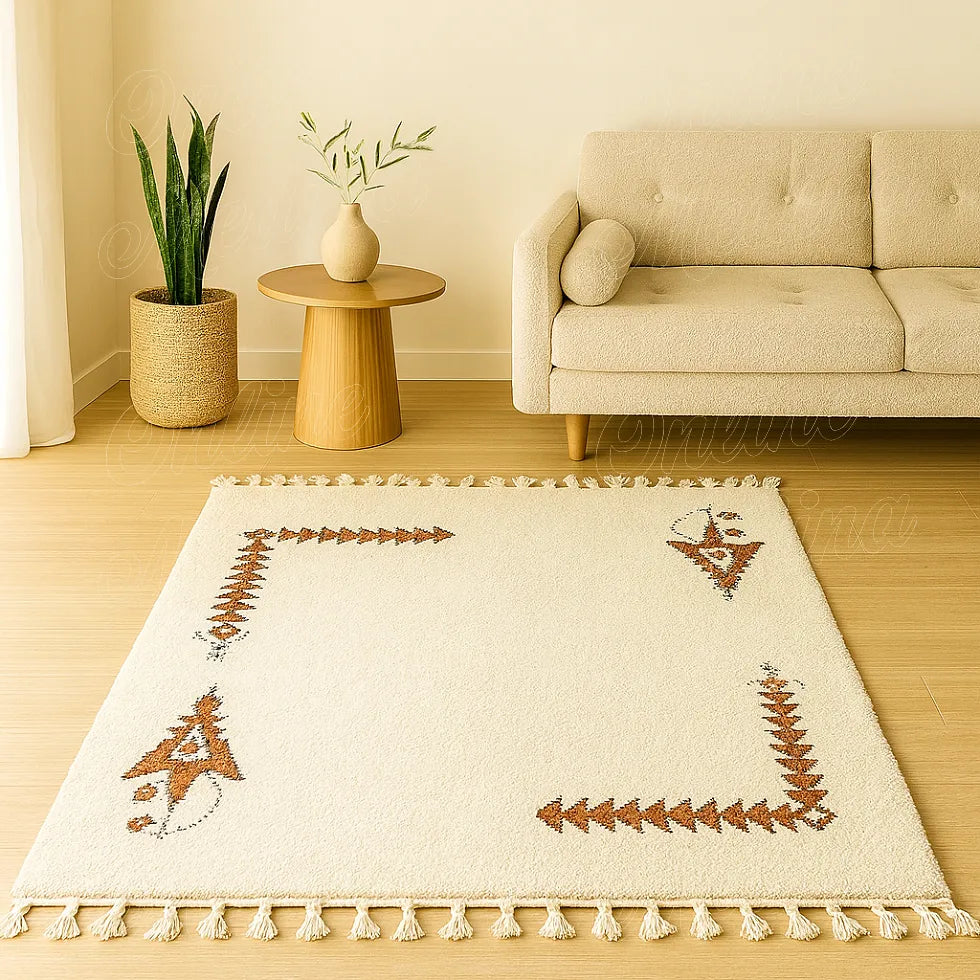 Handwoven Moroccan wool rug Khelala, beige and brown decor with tassels, modern living room