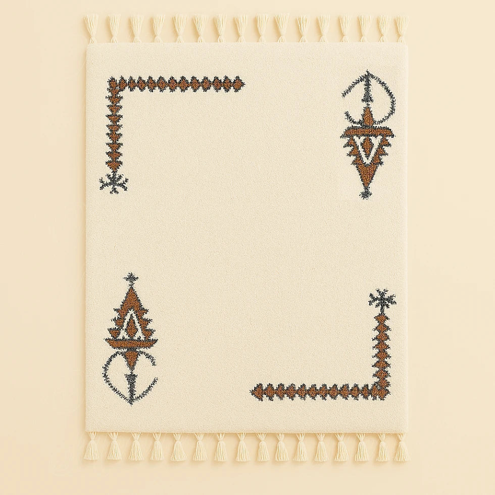Full view of the Khelala Moroccan wool rug, handwoven beige base with brown geometric motifs