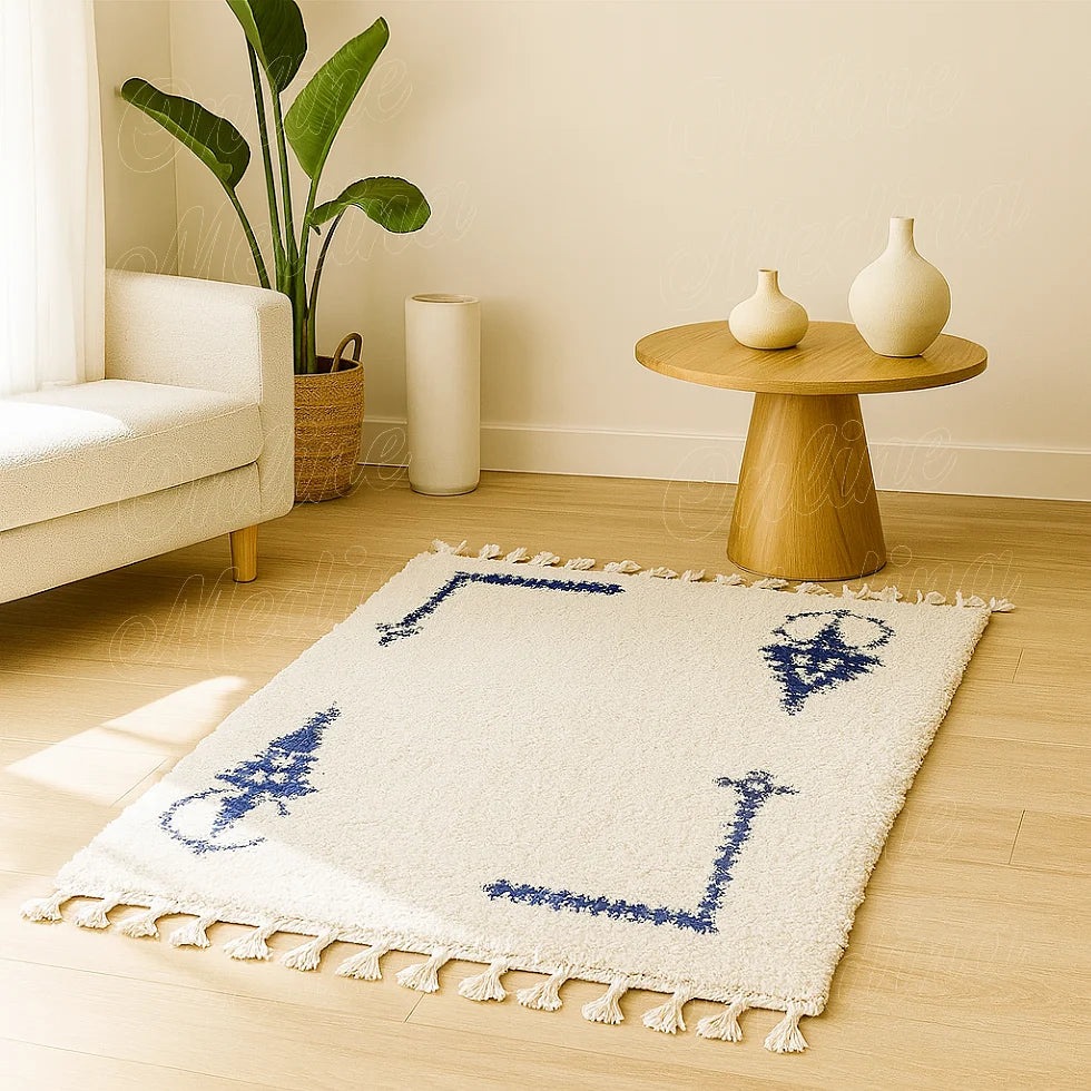 Small handmade Moroccan wool rug Khelala, cream and blue Berber design in home office decor