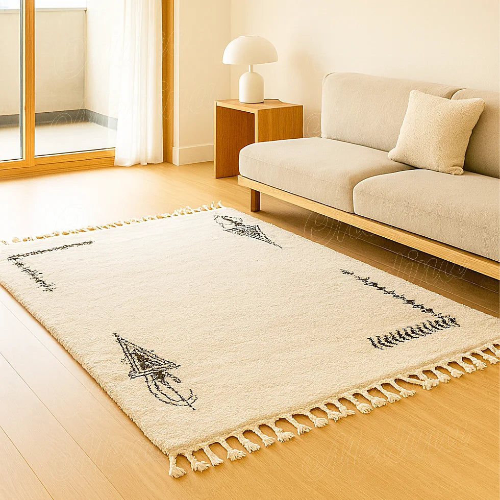 Handmade Moroccan rug Khelala, natural wool with black motifs, minimalist modern living room