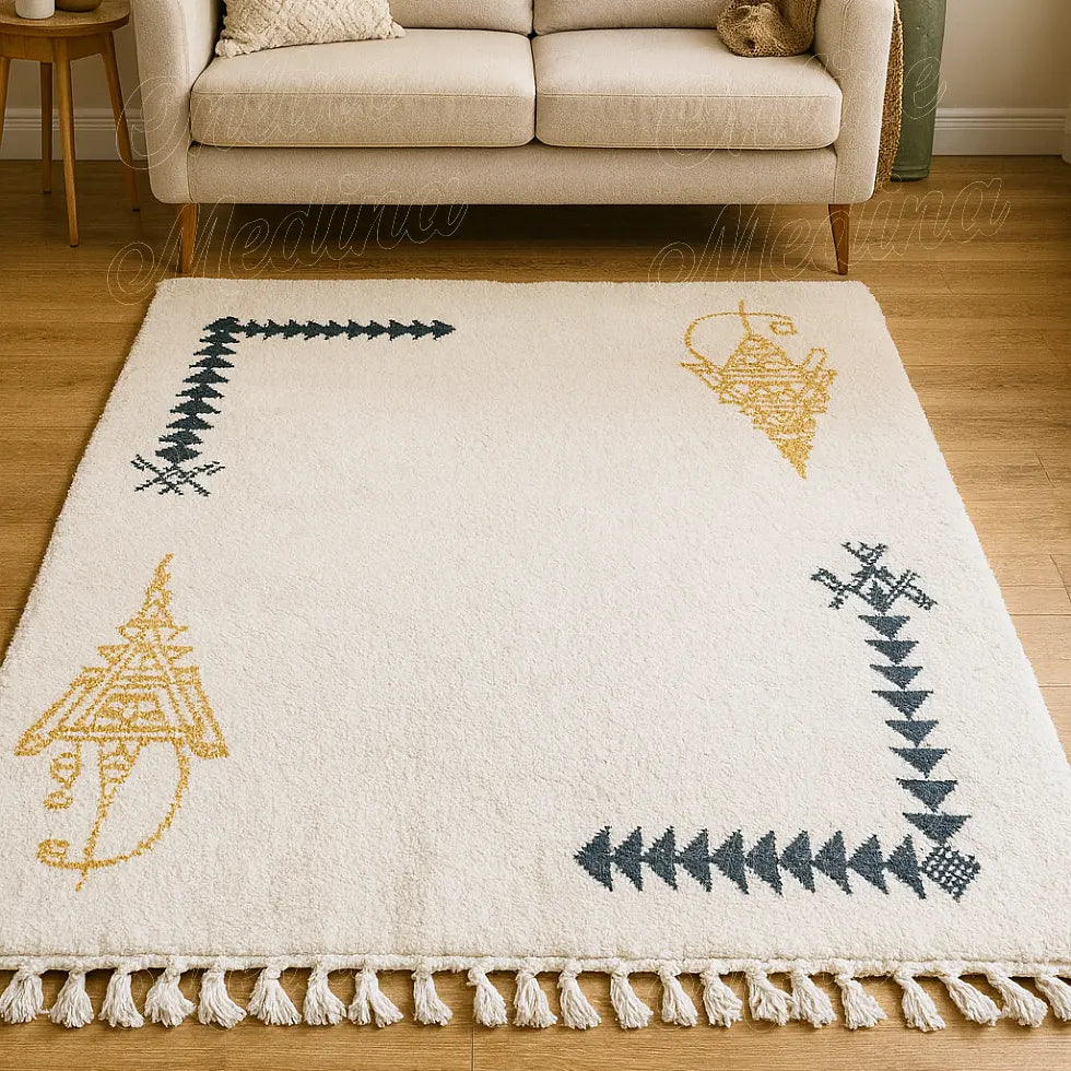Artisanal Moroccan wool rug Khelala, beige base with golden and grey designs, cozy living room