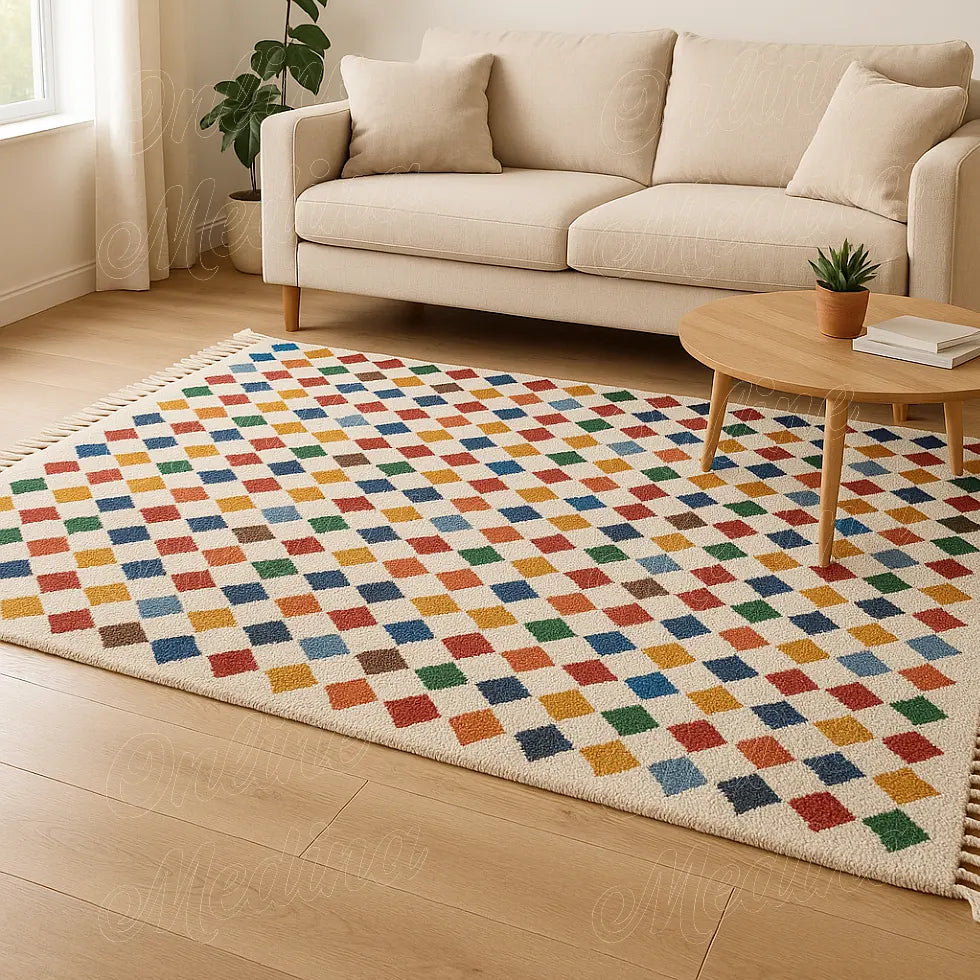 Modern living room with a handmade Moroccan Beni Ouarain rug featuring colorful diamond patterns on a cream wool background