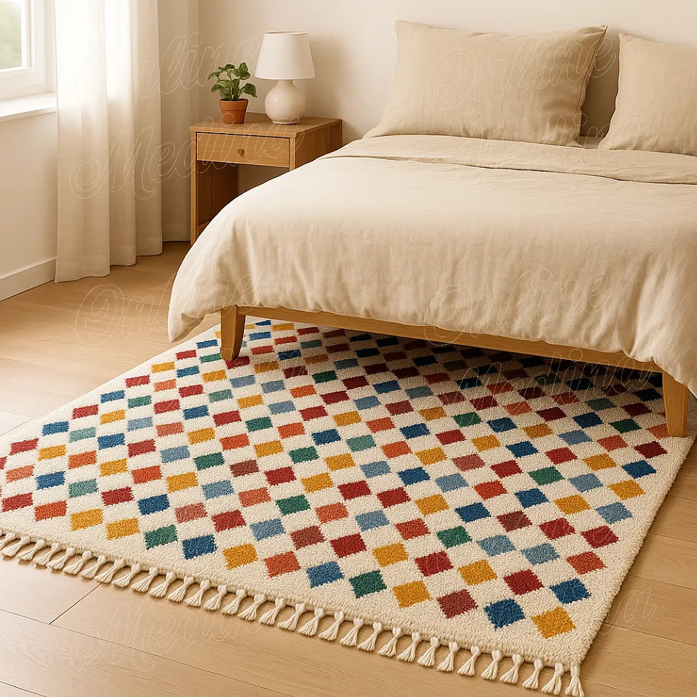 Bedroom with a Moroccan Beni Ouarain wool rug showing multicolor diamond motifs crafted by artisans in Morocco