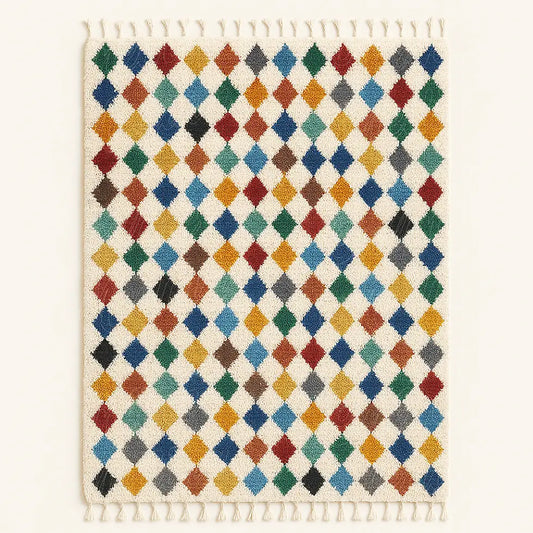 Handwoven Moroccan Beni Ouarain rug with dense multicolor diamond design and fringes on both ends