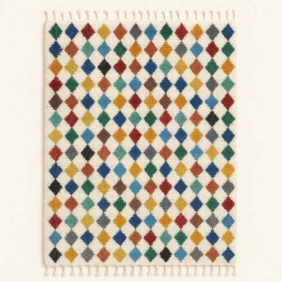 Handwoven Moroccan Beni Ouarain rug with dense multicolor diamond design and fringes on both ends