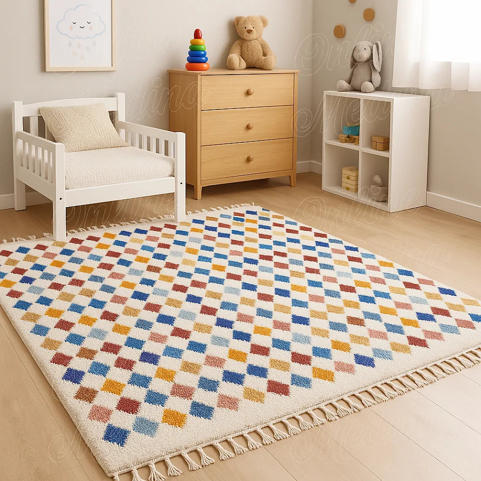 Children’s bedroom with a Moroccan Beni Ouarain rug in bright colors, handmade in natural wool