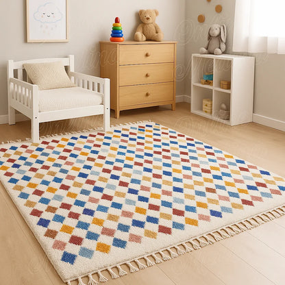 Children’s bedroom with a Moroccan Beni Ouarain rug in bright colors, handmade in natural wool