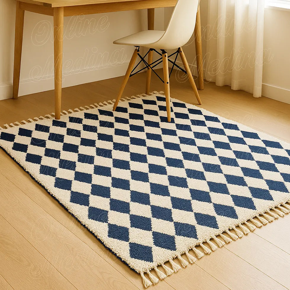 Home office with a modern navy blue Moroccan Beni Ouarain rug featuring geometric diamond patterns on cream wool