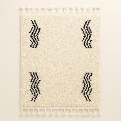 Cream Berber wool rug with four black zigzag wave motifs and fringes, handmade by Moroccan artisans