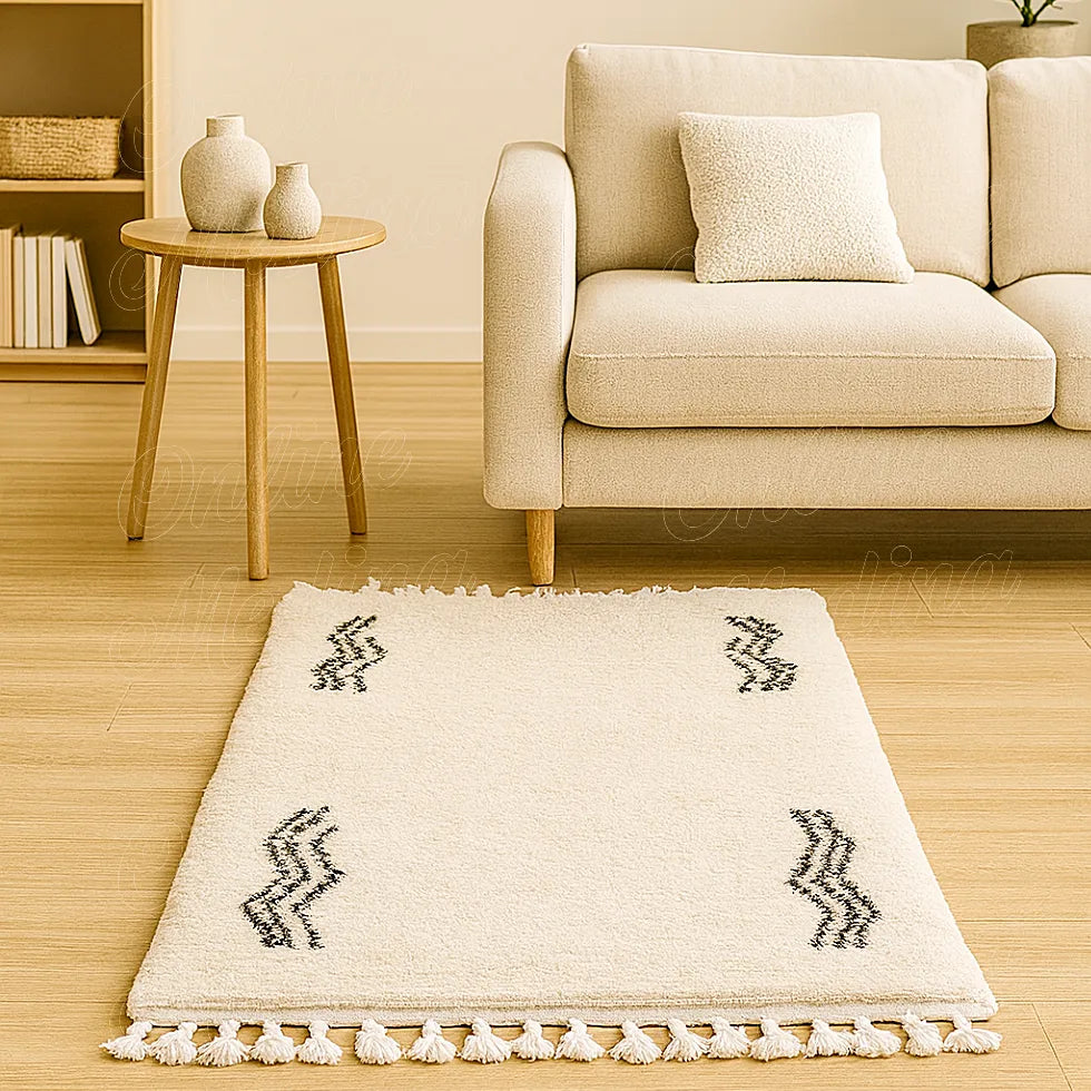 Moroccan wool rug with black zigzag wave motifs placed in a bright European living room with beige sofa and wooden table