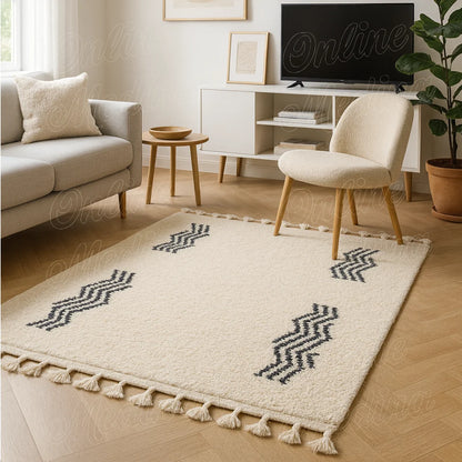 Handwoven Moroccan rug with black zigzag patterns in a contemporary European living room with beige furniture and wooden floor