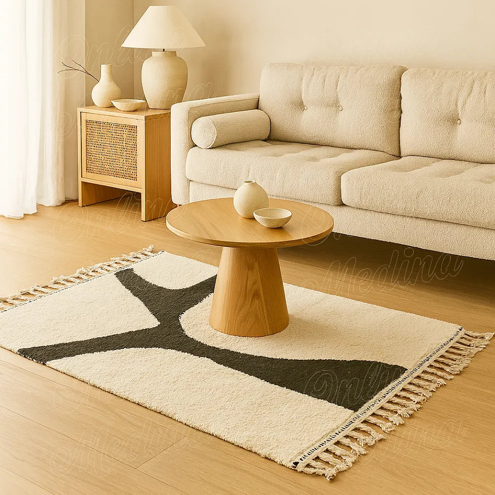 Modern Moroccan rug handwoven in wool from the Middle Atlas, black and white abstract Berber design with fringes, displayed in a bright contemporary living room.