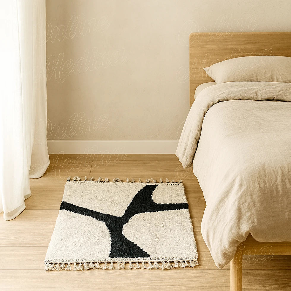 Ivory middle atlas rug with an organic black motif, displayed at the foot of a bed