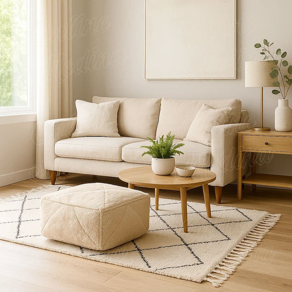 Beige Berber wool pouf from Rabat displayed in a Scandinavian-inspired living room with a light rug and neutral tones.