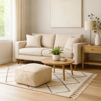 Beige Berber wool pouf from Rabat displayed in a Scandinavian-inspired living room with a light rug and neutral tones.